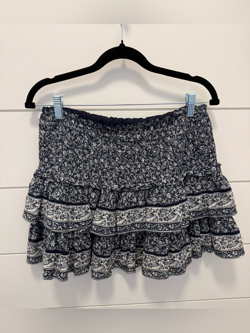 American Eagle Outfitters Navy and White Floral Smocked Tiered Mini Skirt